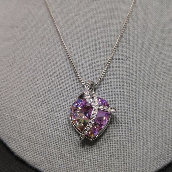 Crystal Pink Heart Pendant Necklace, Chain 18", AB Rhinestones, 18KGP, 18 Inch - Picture 2 of 8
